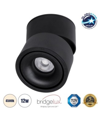 GLOBOSTAR® OMEGA-S 60300 Κινούμενο Downlight Σποτ LED 12W 1560lm 36° AC 220-240V IP20 Φυσικό Λευκό 4500K - Bridgelux COB Chip & TÜV SÜD Driver - Μαύρο Ματ - Μ10 x Π10 x Υ10.5cm - 5 Χρόνια Εγγύηση